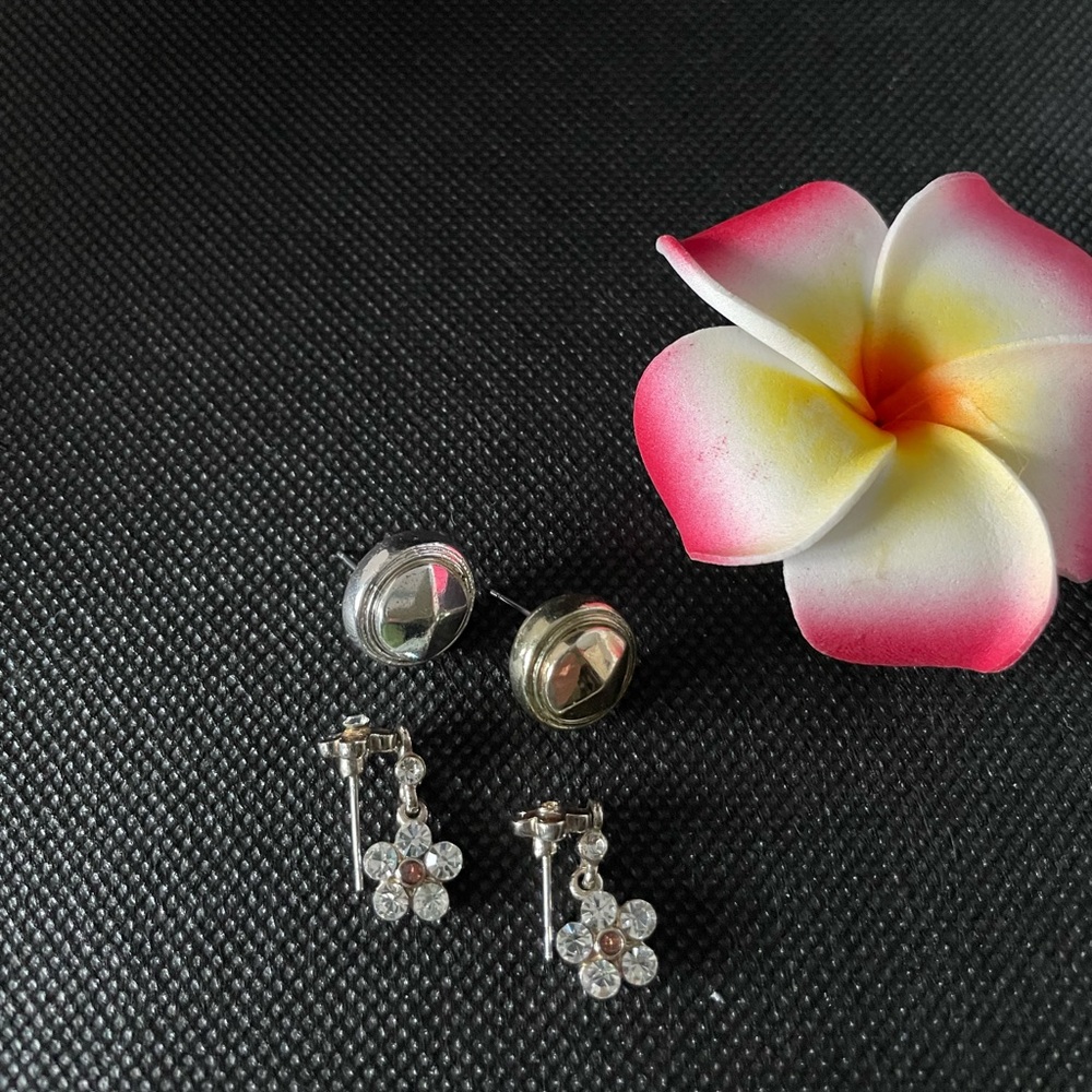 Gold and silver tone button back post, Rhinestone flower dangling earrings
